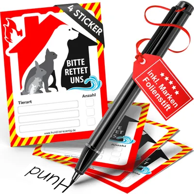 Produktbild von HUND IST KÖNIG Aufkleber Haustier Rettung für Tür & Fenster [4er Set] Notfall Feuerwehr Sticker 10,5x7,4cm  Germany - Brandschutz - inkl. Stift