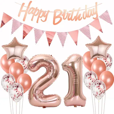 Produktbild von Geburtstagsdeko Set 21. Geburtstag Roségold für Frauen & Mädchen mit Ballons & Banner
