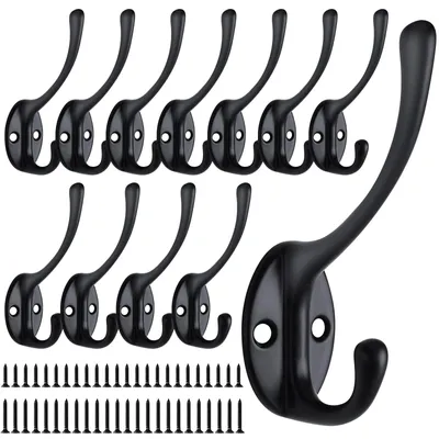 Produktbild von Doppelhaken Wandhaken Kleiderhaken - 9,6 x 2,8 x 5,2 cm - Metall - Schwarz - 12 Stück - Mit Schrauben