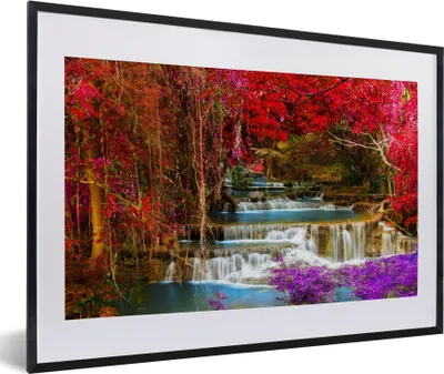 Produktbild von MuchoWow® Gerahmtes Poster Wasserfall - Rosa - Bäume 60x40 cm - Poster mit Schwarzem Bilderrahmen Wandposter Rahmen Foto Bilder - Schlafzimmer - Plakat in Rahmen - Drucken