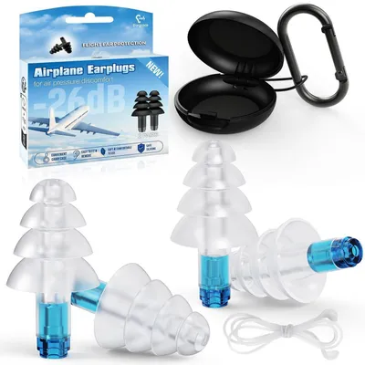 Image de Bouchons d'oreille pour avion, lot de 2, pour enfants et adultes, réutilisables, avec cordon, protection auditive 26 dB, couleur bleue