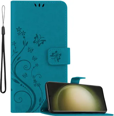 Produktbild von Cadorabo Hülle für Samsung Galaxy S23 ULTRA in FLORAL BLAU Schutzhülle im Blumen Design mit Magnetverschluss, Standfunktion und Kartenfächern Flip Case Flower Cover Etui Handy Klapp Hülle Book Tasche