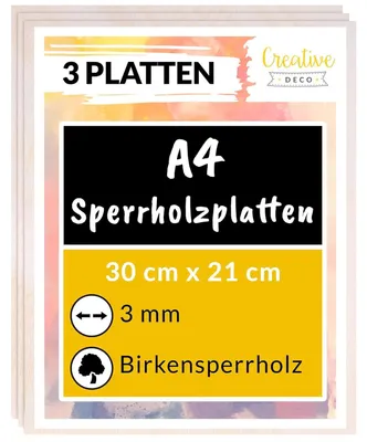 Productafbeelding van Creative Deco 3 x A4 Multiplex Platen 3mm, 300 x 210 x 3 mm (+/- 2 mm)