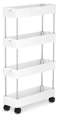 Image de Chariot de cuisine mobile avec 4 étagères, étagère de cuisine avec 6 crochets, étagère d'angle sur roulettes, étagère de rangement pour la cuisine, le bureau, la salle de bains, la buanderie – 86 x 40 x 12,5 cm