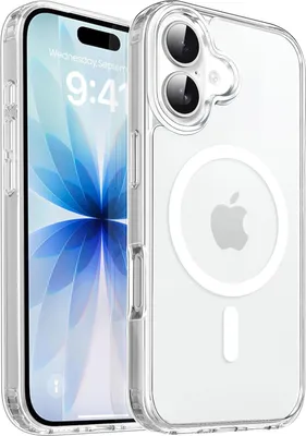 A clear protective case for an iPhone with MagSafe compatibility.