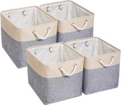 Image de Boîte de rangement, 33 x 38 x 33 cm, panier en tissu, boîte cubique pour armoire, étagère et vêtements (gris/beige)