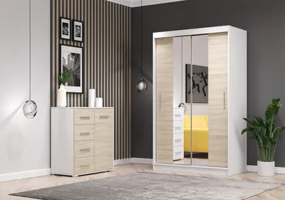 Produktbild von 2er-Set Schwebetürenschrank NEOMI 01 Kommode FRIDA MINI 01 Front - Sonoma Eiche + Spiegel, Korpus - Weiß
