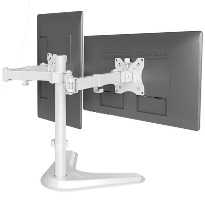 Image de Support mural double pour 2 moniteurs de 15 à 32 pouces, avec système à ressort à gaz, réglable en hauteur et pivotant, compatible VESA 75/100 mm, couleur blanche