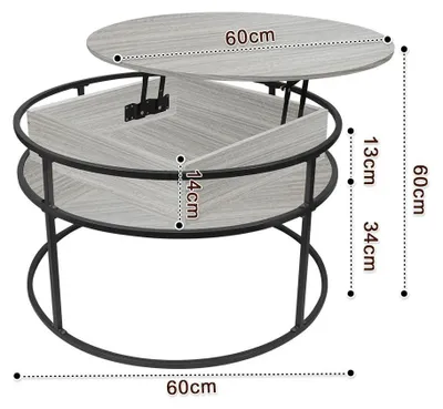 Obrázek produktu pro Konferenční stolek - stolek do obývacího pokoje - sklopná deska - dřevotřísková deska - kovová konstrukce - 60x60x47 cm