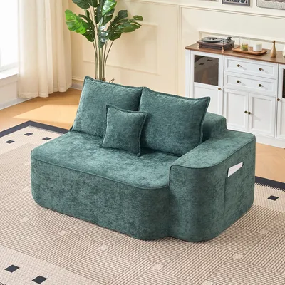 Produktbild von okwish Modernes Design Zweisitzer,mit Kissen und Seitentaschen,Chaiselongue aus Chenille,für kleine Wohnungen,Grün