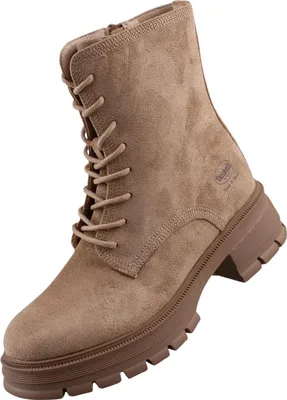 Auf dem Bild ist ein beiger Stiefel zu sehen der von der rechten Seite betrachtet wird. Der Stiefel hat eine glatte Oberfläche und eine hohe Schafthöhe.