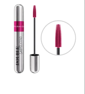 A product shot of a mascara tube and its applicator, with a close-up of the applicator brush.