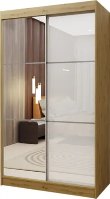 Produktbild von Masseno Schiebetürenschrank VITALE 120 cm Kleiderschrank Schlafzimmer Schrank 2-türig mit Spiegel und Lacobel Eiche Artisan