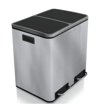 A product shot of a dual-compartment trash can.