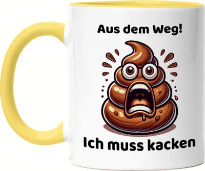 Produktbild von Aus dem Weg Ich muss kacken Lustiges Kothaufenmotiv Tasse Gelb Geschenkidee witziges Design Reizdarm Stuhlgang