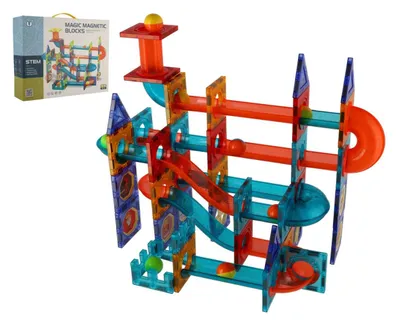 Immagine prodotto di Set da costruzione magnetico con pista per biglie in plastica, 96 pezzi in scatola, 36x28x9 cm