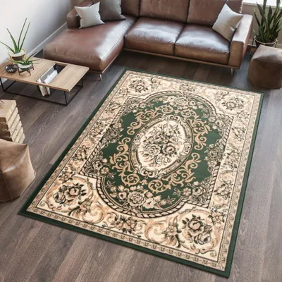 A living room scene with a sectional sofa, coffee table, and a rug.