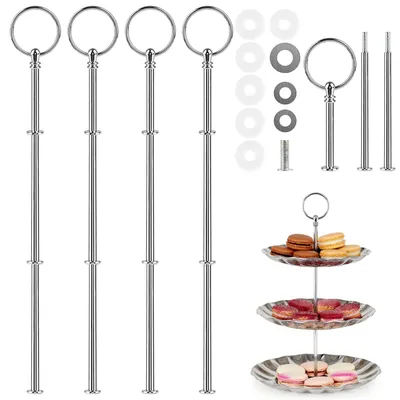 Produktbild von Etagere Stangen Set - 4-teilig für 3 Etagen - Metall-Bausatz mit Schrauben und Unterlegscheiben für Obsttabletts und Snackteller - Silber