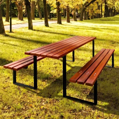 Produktbild von REKORD Atlas Mahagoni Massiver Picknicktisch Parktisch Sitzgruppe Holz Stahl 170x169x75cm Stabiler Gartentisch Bänke 6-8 Personen Wetterfest