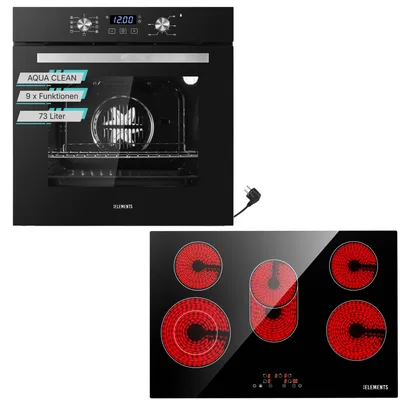 Produktbild von KB ELEMENTS Sparset, Einbauherd Set, Herdset, Glaskeramikkochfeld 77cm, Einbaubackofen 60cm, 9 x Funktionen, AQUA CLEAN