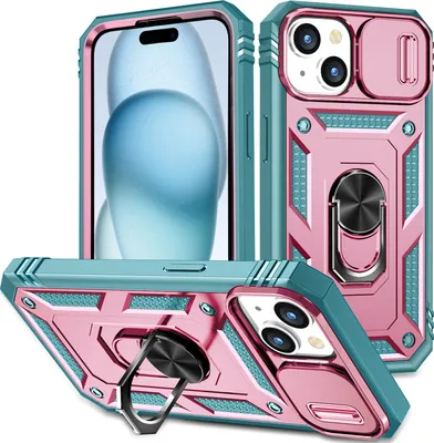 Produktbild von iPhone 15 Hülle, Schiebe Kamera Schutz Robust Schutzhülle mit Ringhalterung Ständer Kartenhalter für iPhone 15 Grün Pink