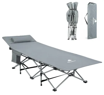 Produktbild von CampFeuer Campingbett mit Kopfkissen, Anthrazit, bis 150 kg, 187 x 67 x 48 cm Feldbett klappbar mit Tragetasche