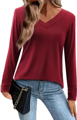 Produktbild von Amoretu Damenbluse Mit Langarm V-Ausschnitt Elegante Rote L