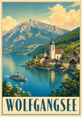 Produktbild von Wolfgangsee Vintage Poster DIN A2 – österreichisches Seemotiv mit Alpenpanorama, matt auf Ilford Papier gedruckt