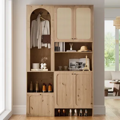 Productafbeelding van Garderobekast met rieten decor, 120x35x200 cm, kast voor de hal met 4 deuren, een opklapbaar vak en haken, in natuurlijke tinten, gemaakt van 100% spaanplaat, geschikt voor de hal en entree