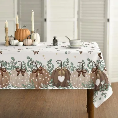 Produktbild von Famanu Tischdecke 130 x 220 cm - Herbstmotiv mit Kürbis und grauem Karomuster
