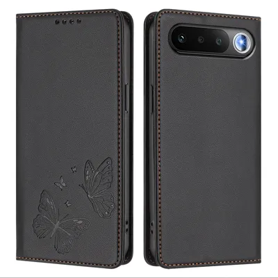 Image de Étui en cuir pour Realme 16, étui de protection type portefeuille en cuir gaufré motif papillon avec support, noir