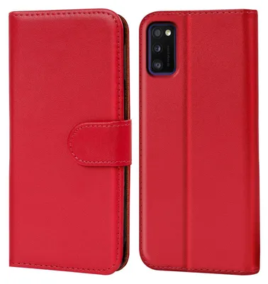 A red flip case for a smartphone is shown, with the phone inserted into the case on the right side of the image. The case is open, revealing the phone's camera array.