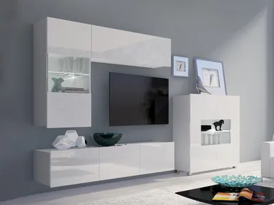 Produktbild von Wohnzimmer-Set CALABRINI-3 Wohnwand Hängewohnwand Schrankwand mit LED-Beleuchtung TV-Schrank Vitrine Kommode Moderne Anbauwand Hochglanz (Weiß)