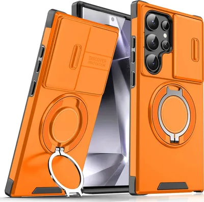 Image de Étui double couche pour Samsung Galaxy S23 Ultra, avec couvercle coulissant pour l'appareil photo et anneau magnétique Orange