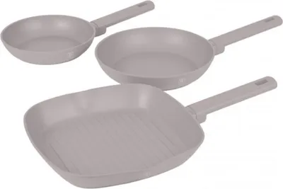 Immagine prodotto di Set di padelle antiaderenti Berlinger Haus 3 pezzi, in alluminio forgiato per fornelli a induzione, manico ergonomico, senza PFOA, della collezione Taupe