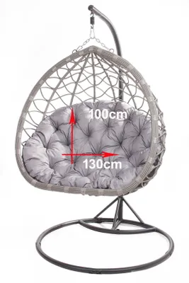 A hanging egg chair with a cushion, shown against a white background with dimensions indicated.