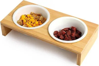 Produktbild von Famanu Futterstation mit 2 Keramikschalen - 41 cm Höhe - für Hunde und Katzen (Bambus)
