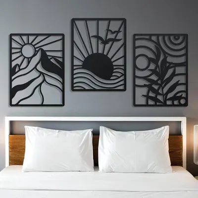 Obrázok produktu pre Kovová dekorácia na stenu v čiernej farbe, minimalistická, 3-dielna, do spálne a obývačky