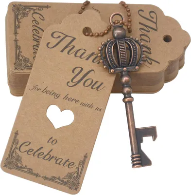 Productafbeelding van Kroonvormige vintage sleutel flesopener huwelijksgeschenken voor gasten souvenir geschenkset met begeleiding bedankje labels en sleutelhanger (antiek