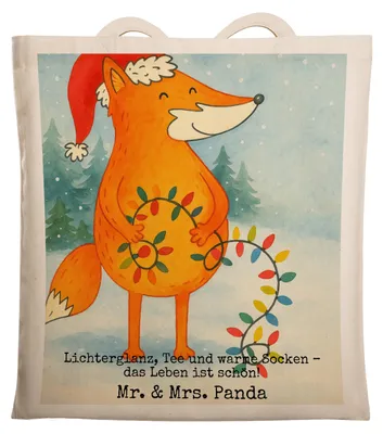 Produktbild von Mr. & Mrs. Panda Tote Bag Fuchs Weihnachten Design - Weiß - Geschenk, Weihnachtsmann, Shopping Tasche, Tragetasche, Schultasche, Winter, Heiligabend, Laptoptasche