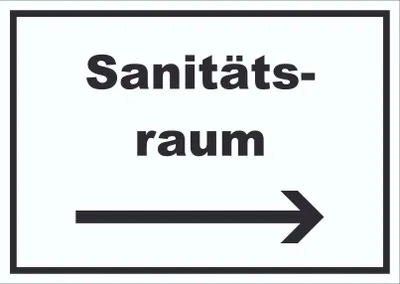 Produktbild von Sanitätsraum Schild mit Text und Richtungspfeil rechts Krankenzimmer waagerecht A4 Rückseite selbstklebend