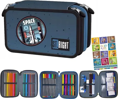 Produktbild von St. Right XXL Federtasche Federmappe Federmäppchen 46-teilig gefüllte Schüleretui 3-stöckig 19 x 13 x 7 cm inkl. Hausaufgabenheft Space Moon