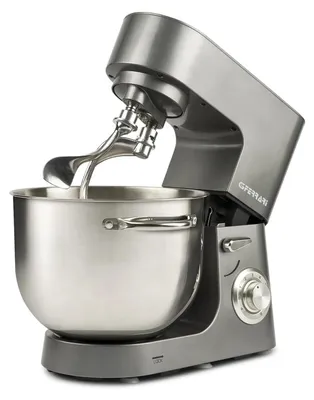 A silver G3 Ferrari stand mixer is shown against a white background.