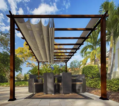 Image de Paragon Outdoor Almuiminium Pergola "Florenz" Pavillon avec voile d'ombrage extensible imitation bois cocoa 350 x 505 x 236 cm (L x l x h)