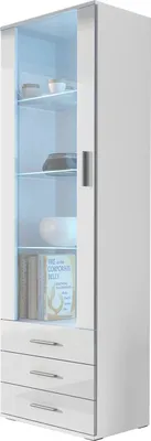 Produktbild von Furniture24 Vitrine mit Blauer LED Beleuchtung SOHO S1 Vitrinenschrank Standvitrine Stauraumvitrine Glasvitrine Schrank Wohnzimmerschran Weiß/Weiß Hochglanz