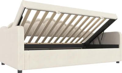 Produktbild von Merax Tagesbett 90 x 200cm mit Stauraum & LED-Beleuchtung, Kinderbett aus Samtbezug, Ausziehsofa & Gästebett mit hydraulischer Bettkasten, Beige