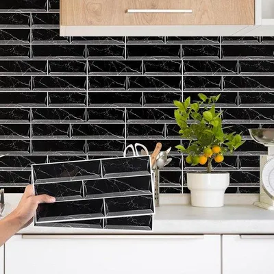 Image de Lot de 12 stickers muraux noirs - 15 x 30 cm - Décorations murales autocollantes - Résistants à l'eau - Décoration pour la cuisine et la salle de bain
