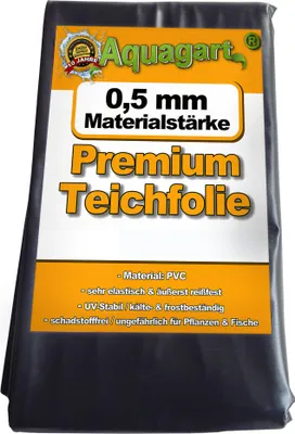 A folded black pond liner with a label showing product details and branding.