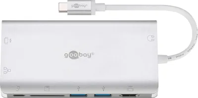 Zdjęcie produktu dla Goobay 49850, USB Type-C, 3.5mm, HDMI, RJ-45, USB 3.2 Gen 1 (3.1 Gen 1) Type-A, USB Type-C, VGA, SD, 5000 Mbit/s, 30 Hz, Srebrny