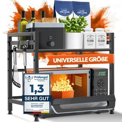 Immagine prodotto di Ripiano per microonde, scaffale da cucina, modello autoportante in acciaio (a 2 livelli) | Scaffale per microonde, mobiletto per microonde | Scaffale portaoggetti, scaffale per panettiere, ripiano regolabile in altezza e lunghezza + istruzioni video, ganci - Nero